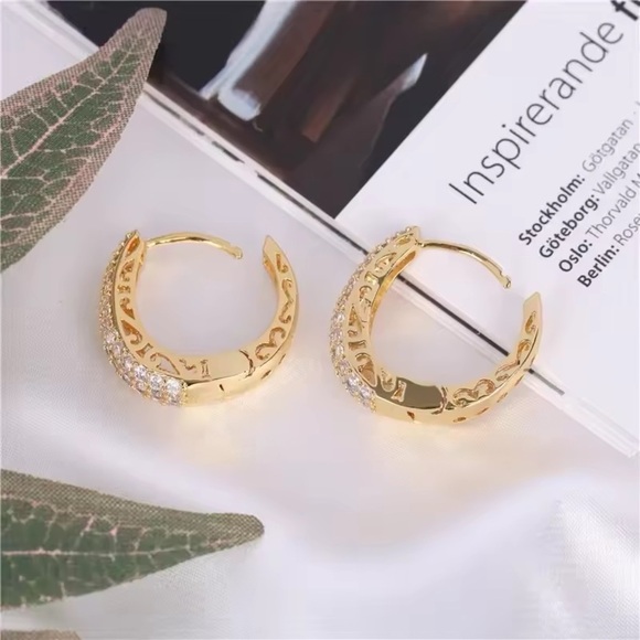 Huitan Luxury Elegant Gold Color Hoop Earrings for Women Paved Dazzling CZ Stone - Picture 2 of 4